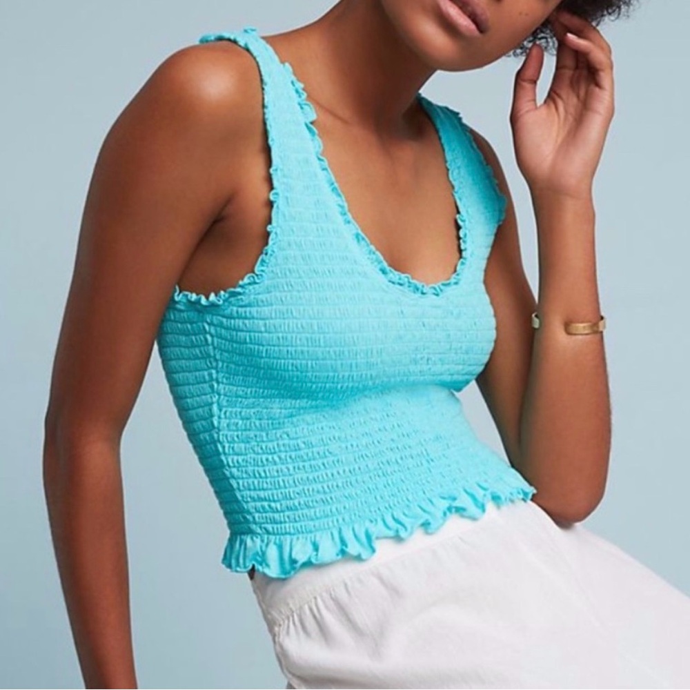 Anthropologie Floreat Women’s Small Smocked Cropped Light Blue Ruffle Tank Top